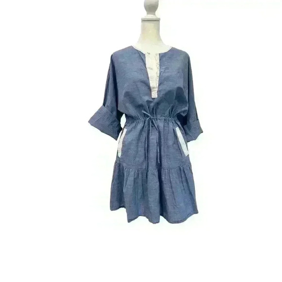 Joie Ecidra Cotton Chambray Tie Waist Tiered Pocket Pullover Mini Dress Blue S - Picture 2 of 7